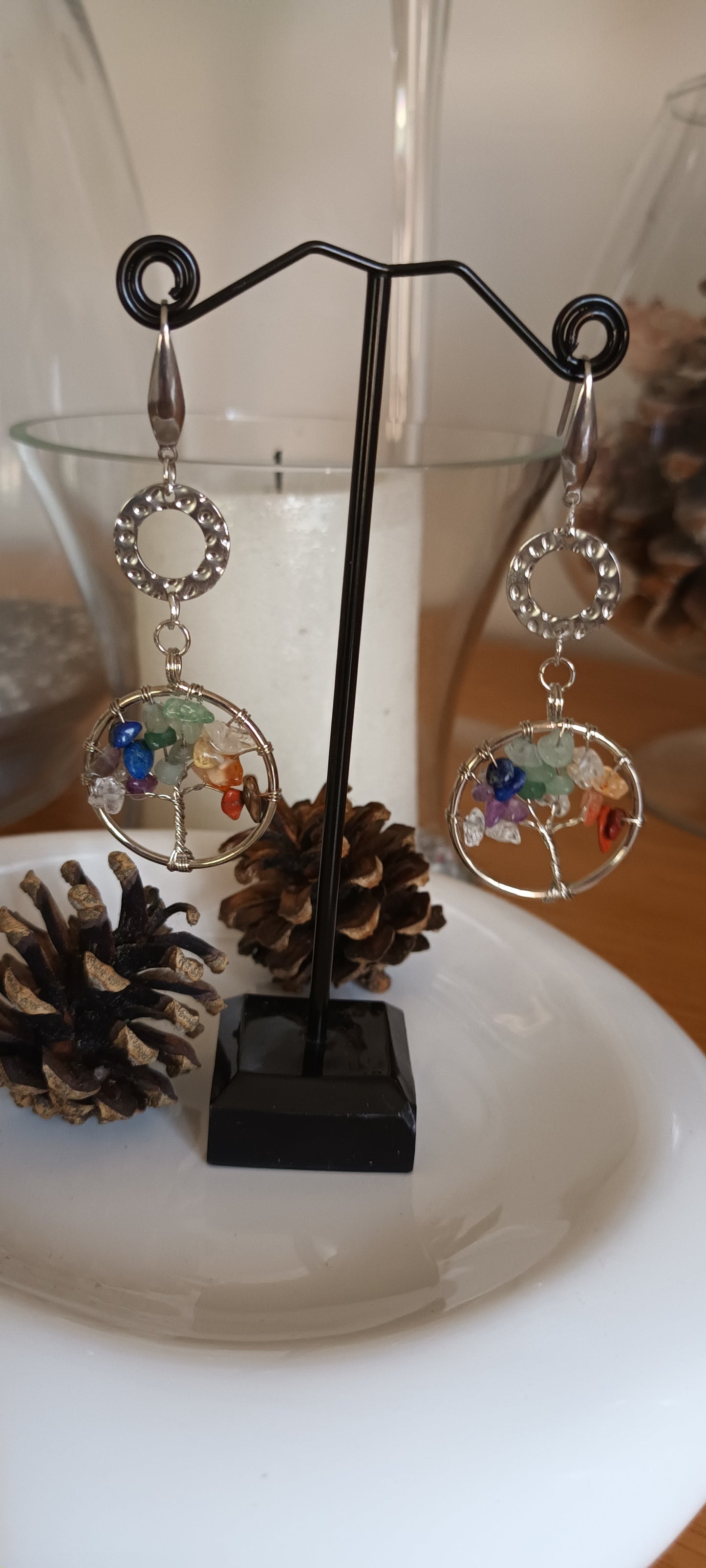 Boucles d'oreilles arbre de vie en pierre précieuse naturel