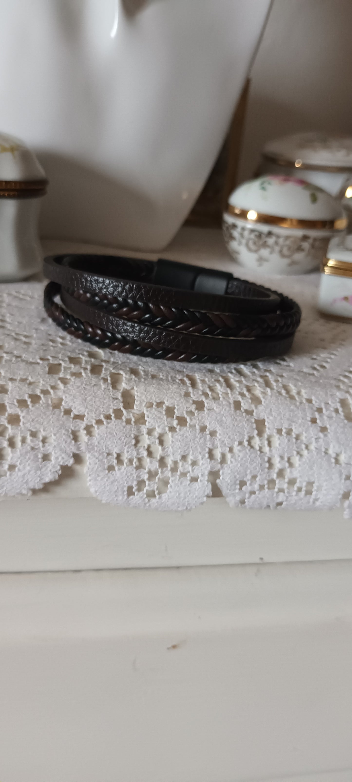Bracelet homme en cuir pu avec deux rangs tissés