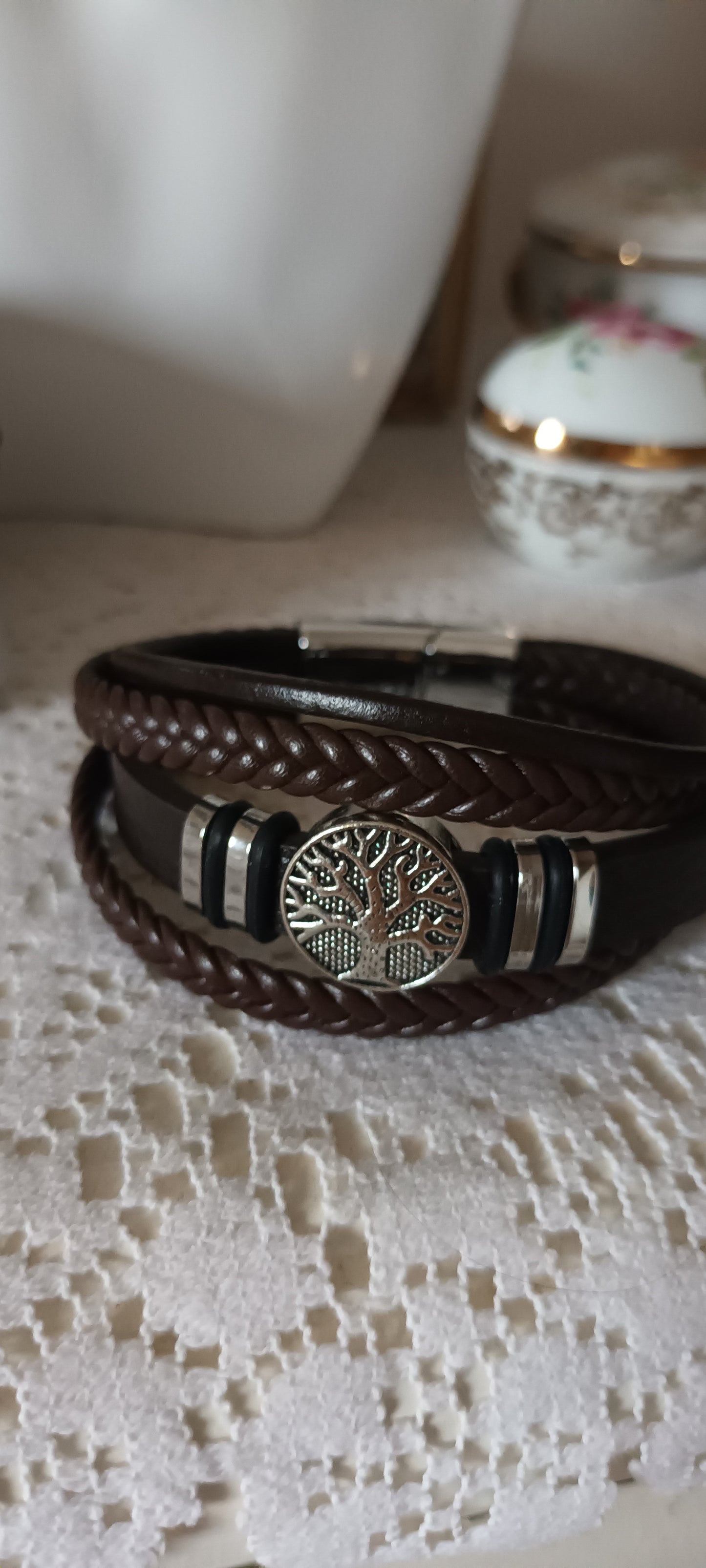 Bracelet homme tressé plusieurs couches avec arbre de vie marron