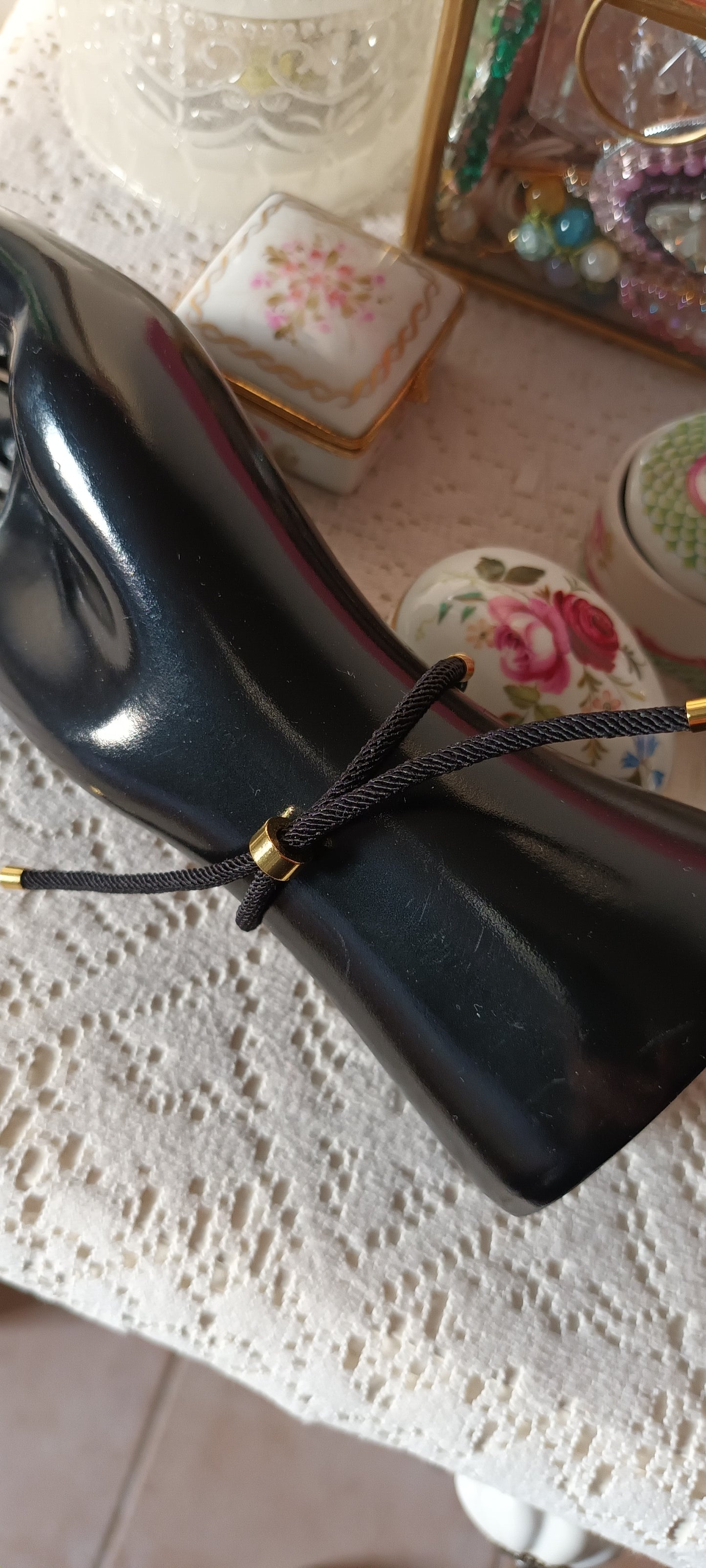 Bracelet éventail bambou en motif et pierre obsidienne