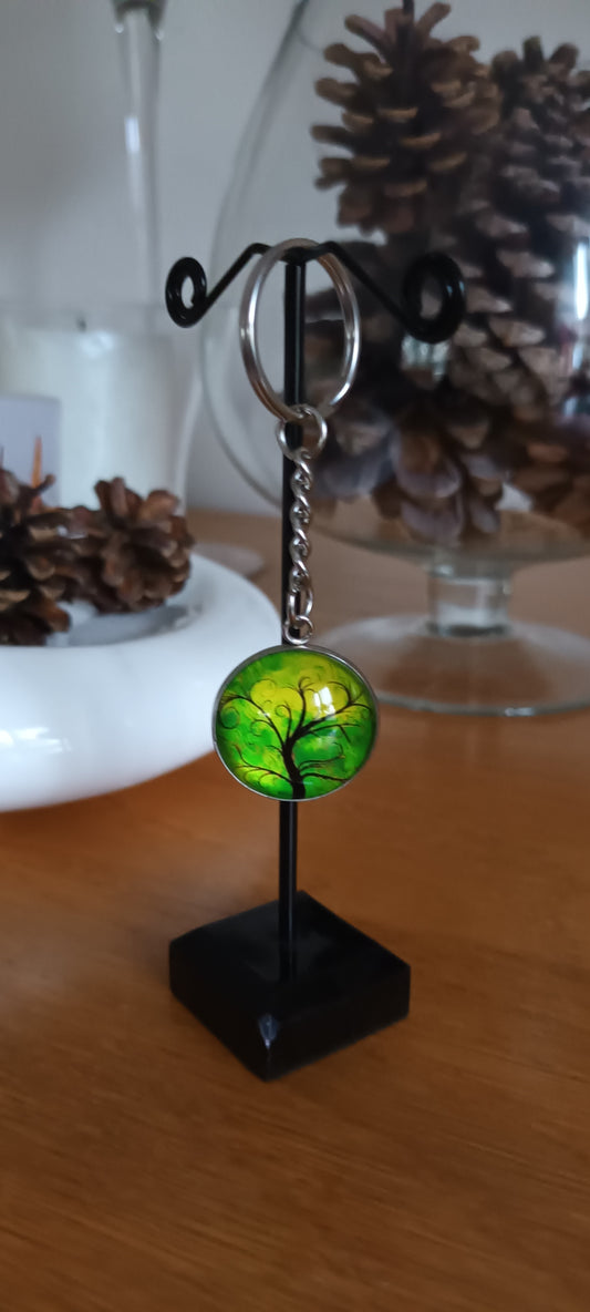 Porte clés en cabochon de verre , arbre de vie multicolore