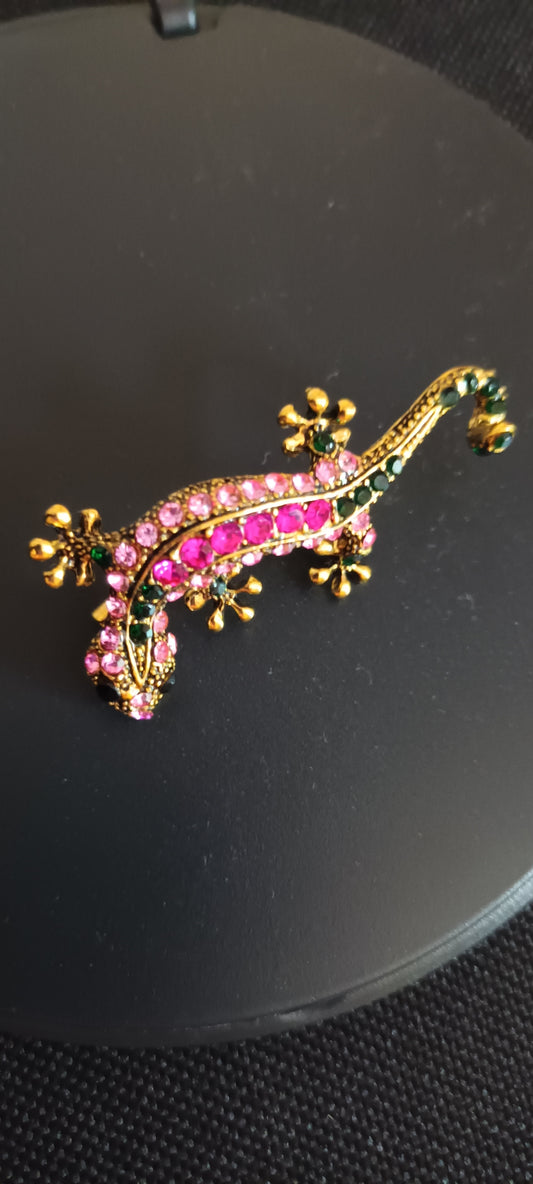 Broche lézard, rose et vert