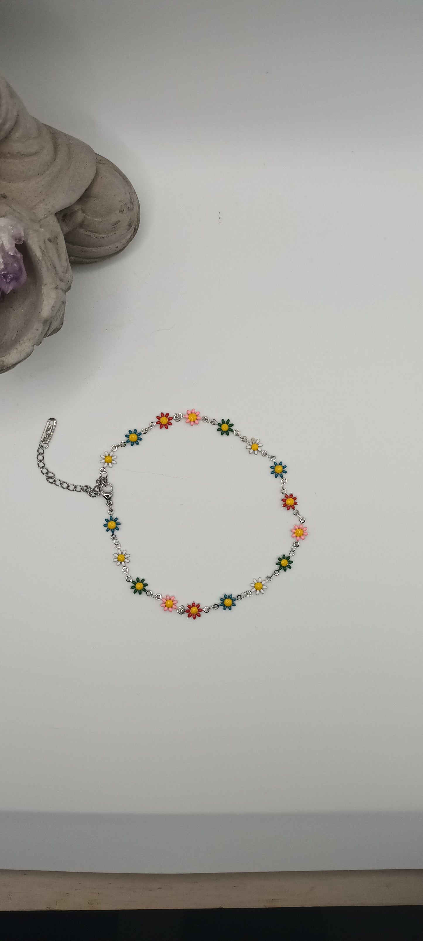 Bracelet de cheville argent, marguerites multicolore