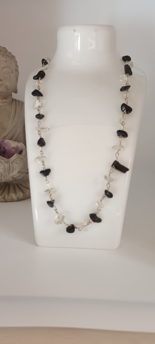 Collier en pierre semi-précieuse, vintage obsidienne et cristal de roche