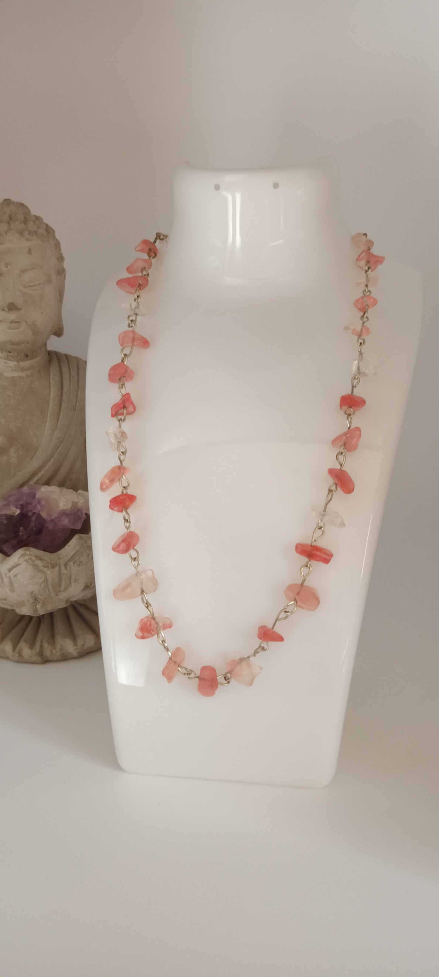 Collier en pierre semi-précieuse vintage quartz rose