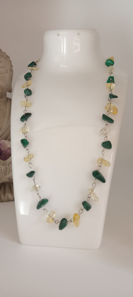 Collier en pierre semi-précieuse vintage, malachite et citrine