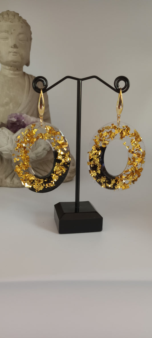 Boucles d'oreilles en résine, ovale évidé, inclusion de feuilles d'or