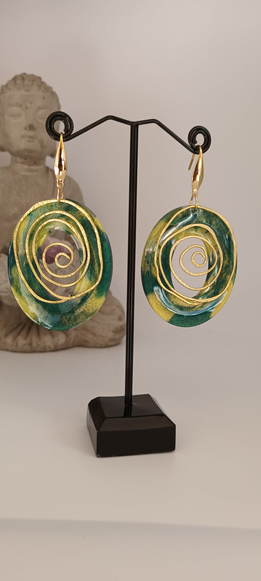 Boucles d'oreilles en résine poudre de mica vert mélanger et pendant ovale