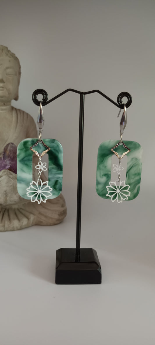 Boucles d'oreilles en Acétate vert et blanc,jolie marguerites