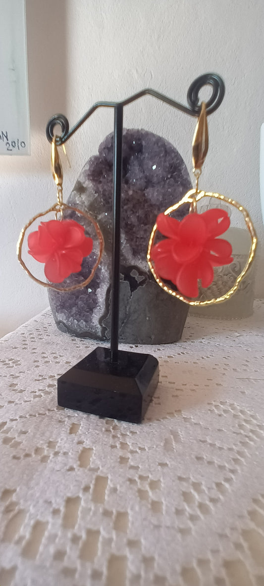 Boucles d'oreilles pendantes fleurs rouges