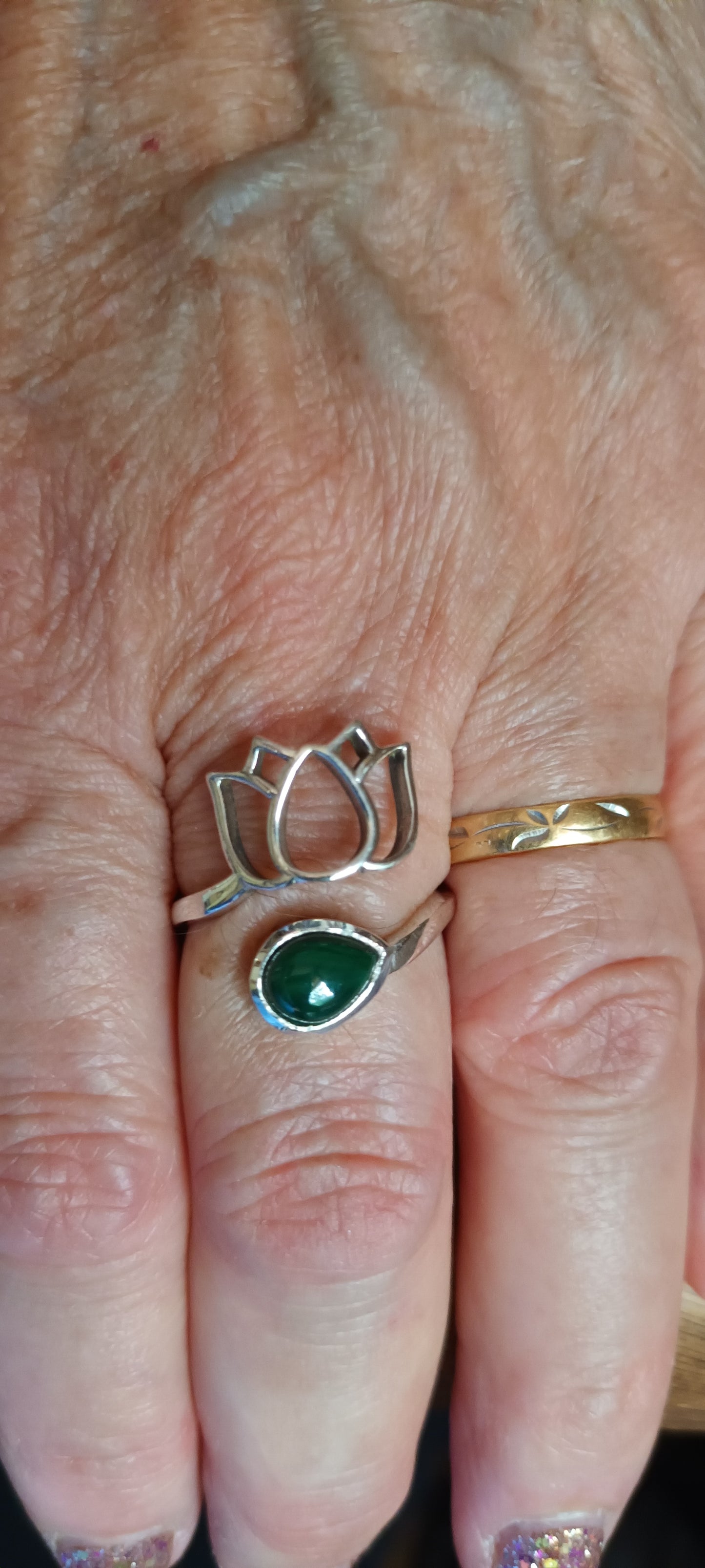 Bague argent ajustable lotus pierre précieuse de malachite AA