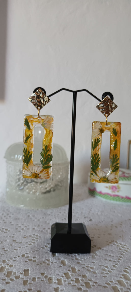 Boucles d'oreilles en résine avec inclusion de pigment jaune