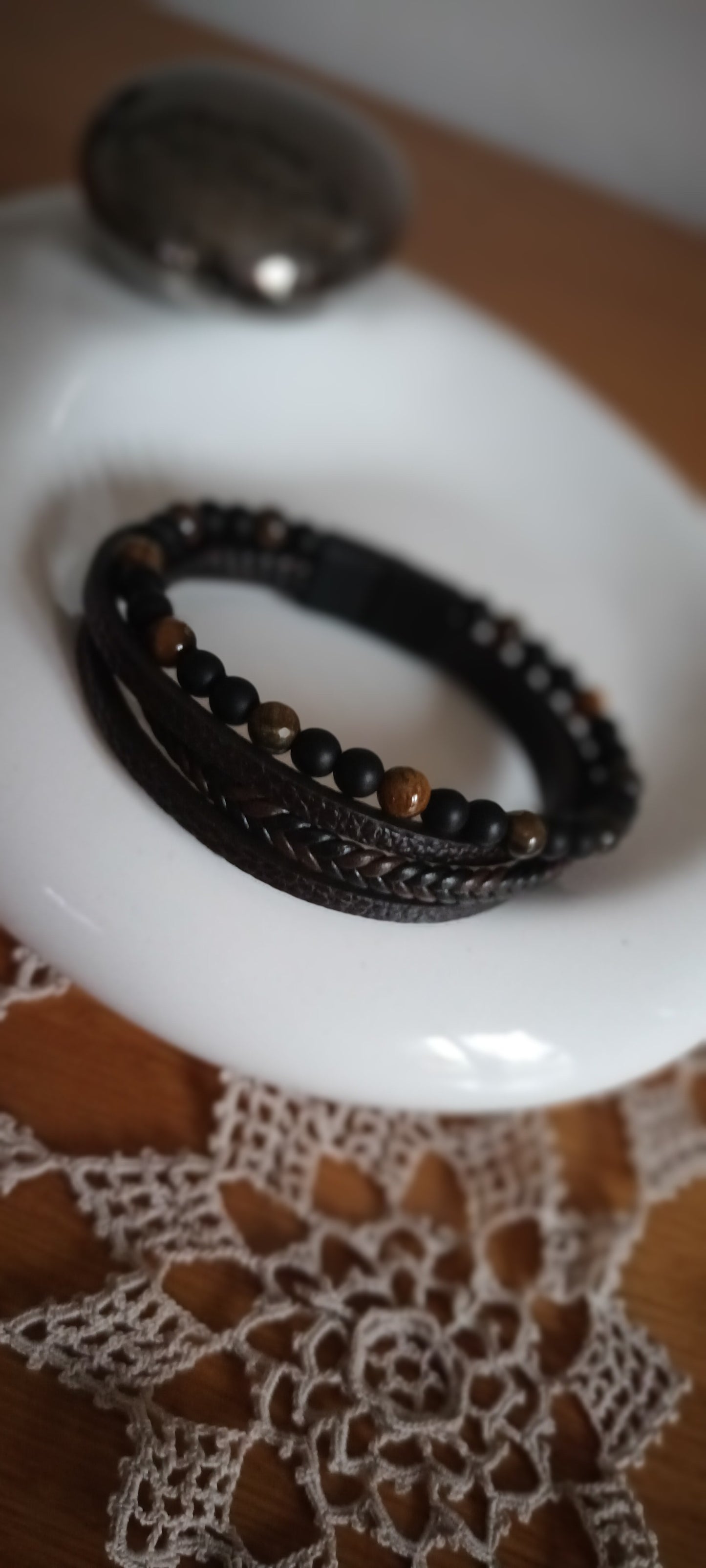 Bracelet homme simili cuir tressé pierre obsidienne