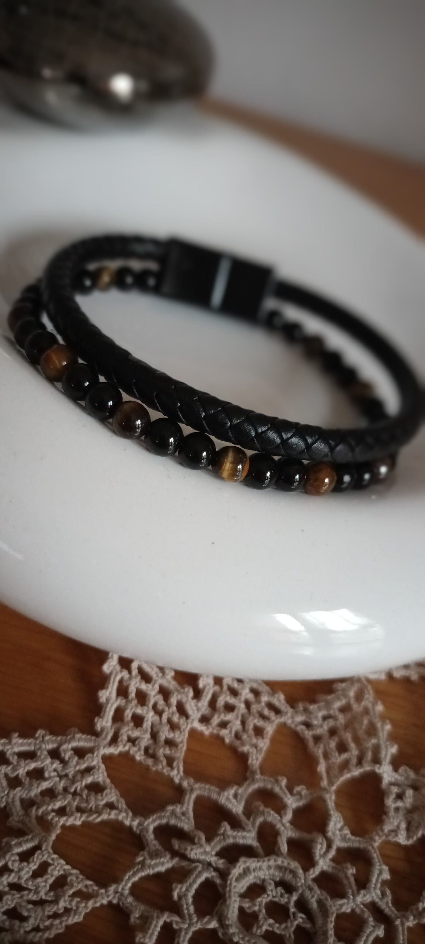 Bracelet homme simili cuir pierre œil de tigre