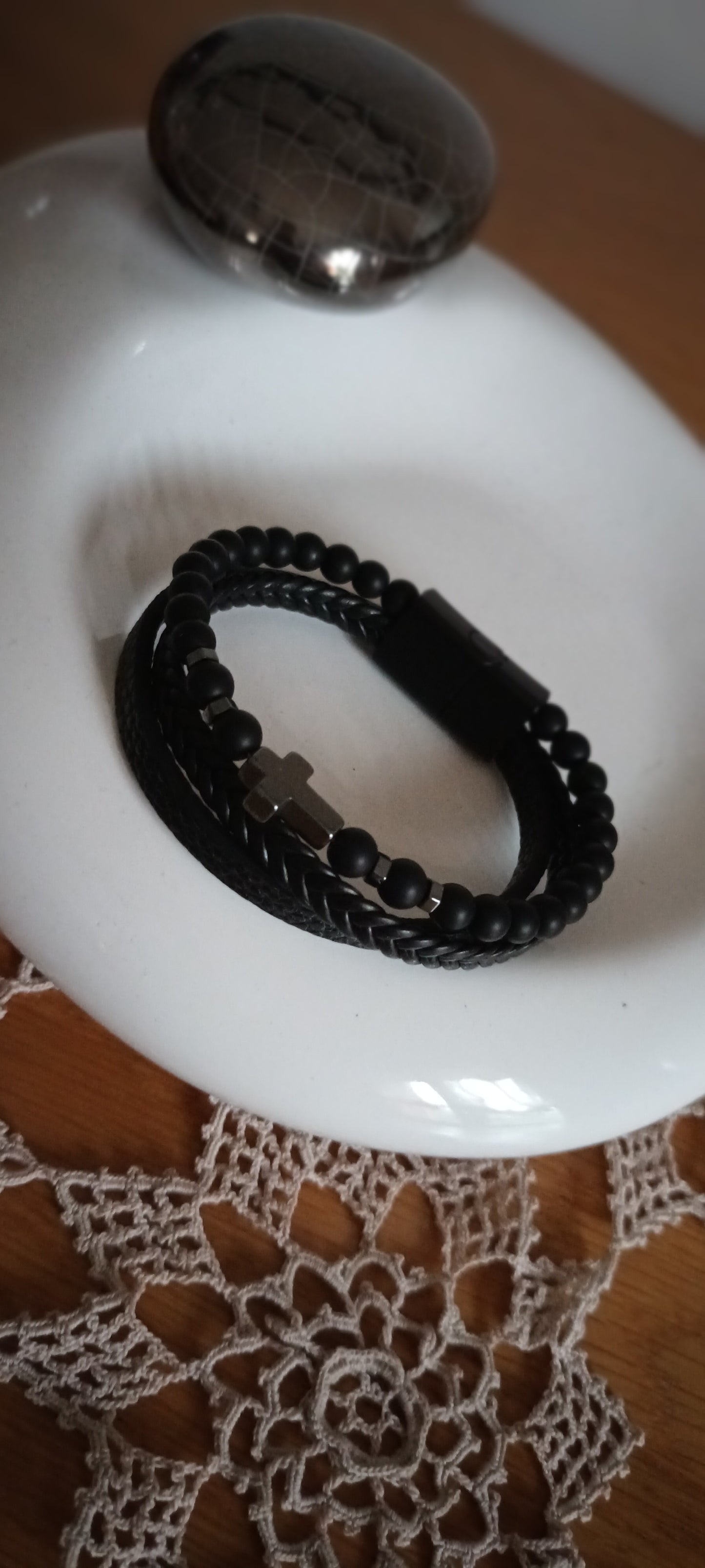 Bracelet homme simili cuir croix en pierre obsidienne