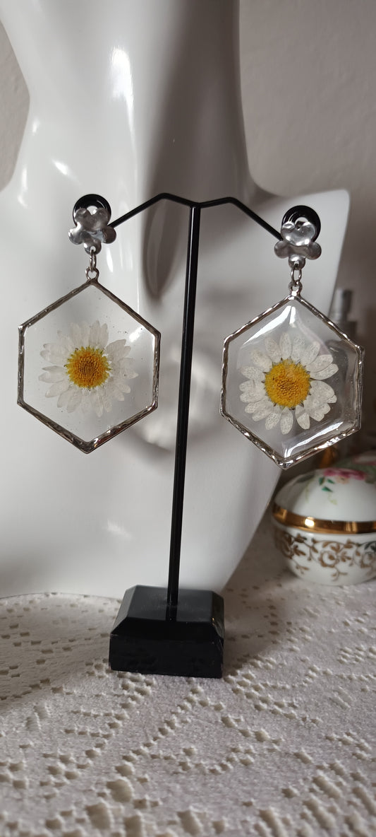boucles d'oreilles en résine inclusion de fleurs marguerites pressées