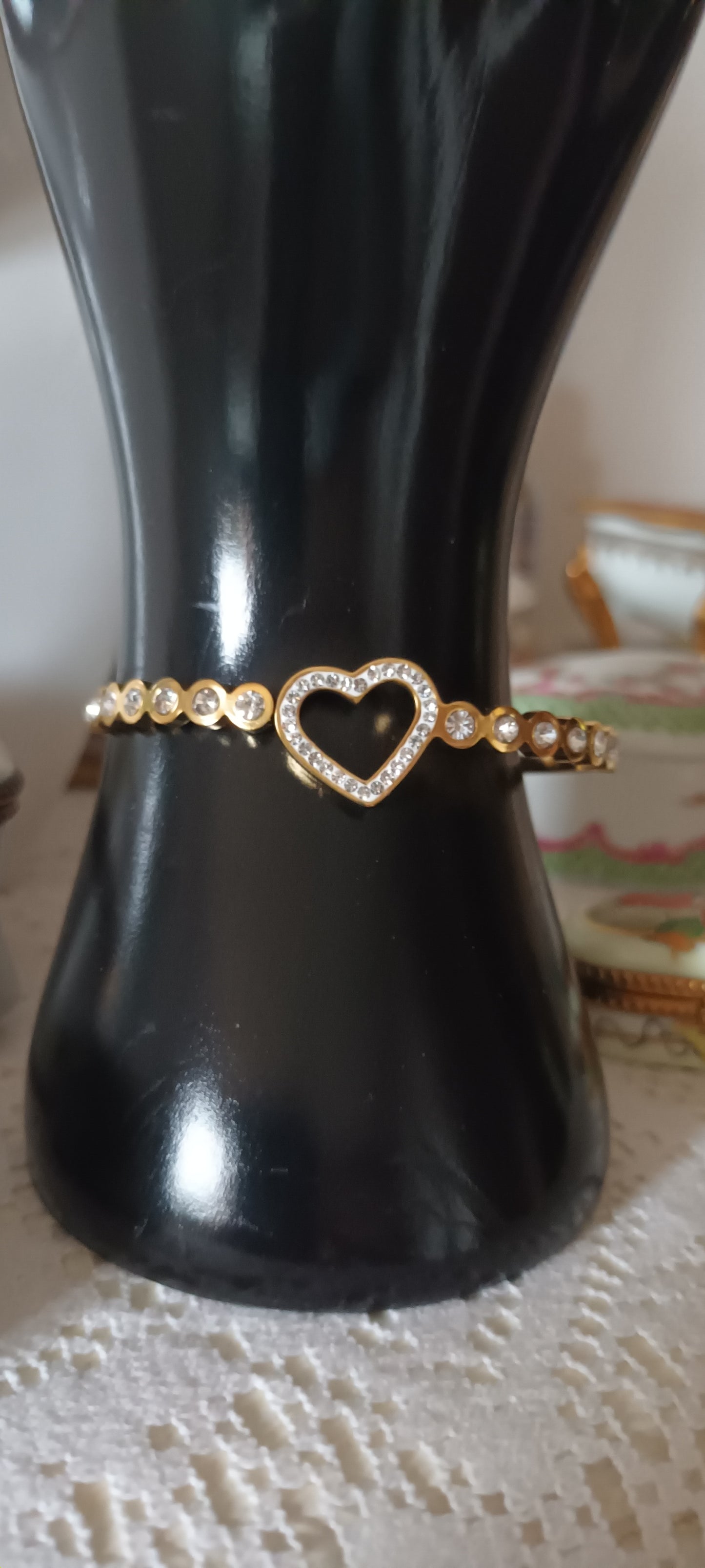 Bracelet jonc cœur et strass argent et doré