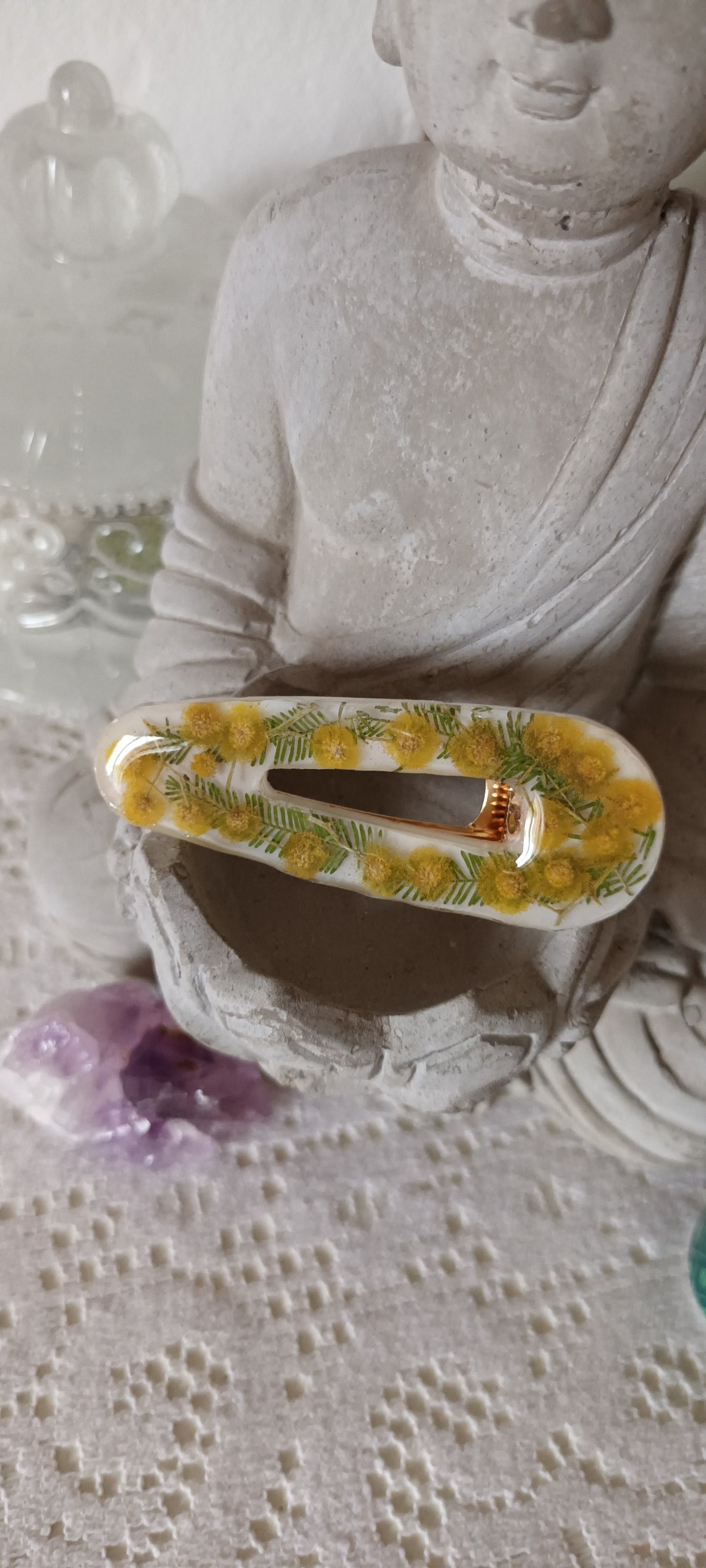 Barrette en résine mimosas séchées