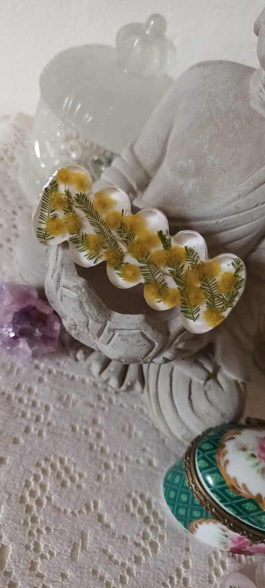 Barrette en résine mimosas séchée petits ovales
