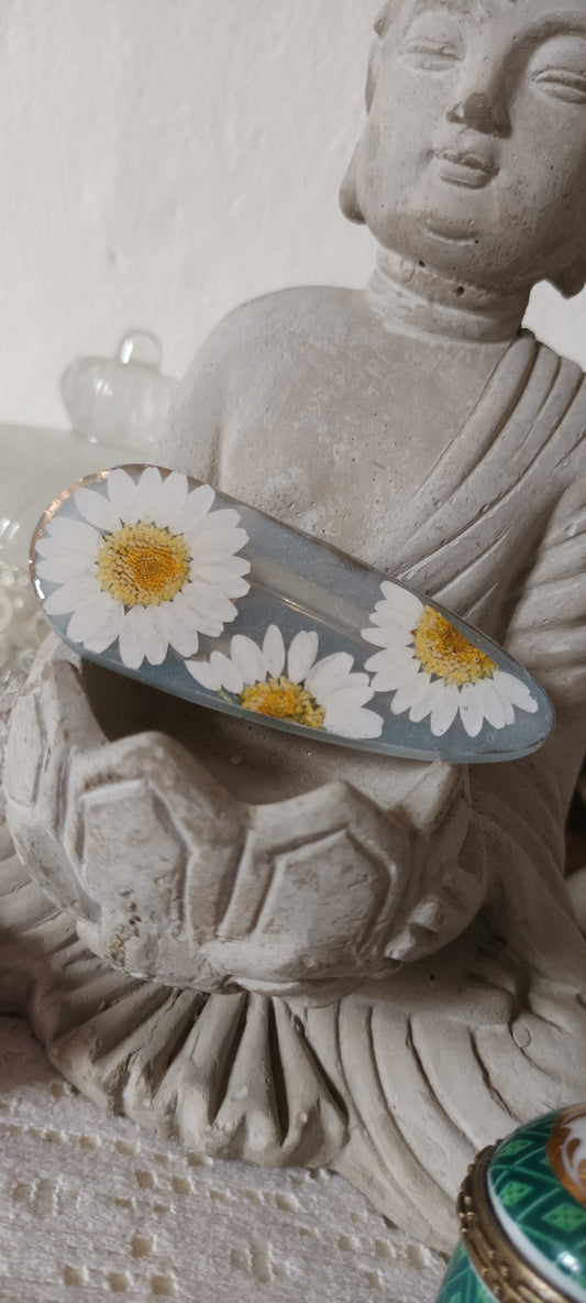 Barrette en résine inclusion de marguerite séchées bleu pâle