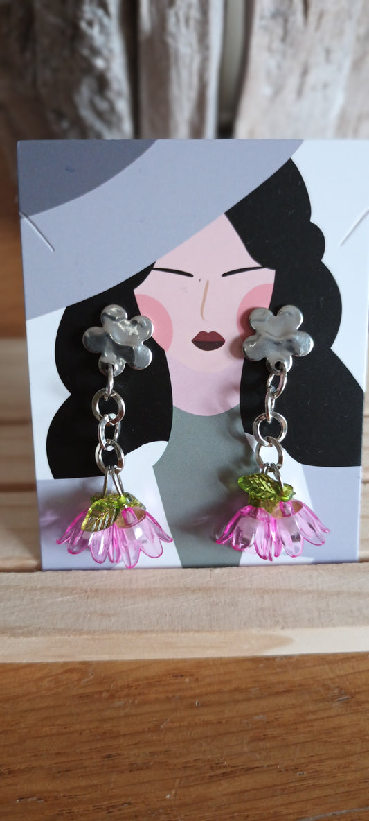 Boucles d'oreilles deux clochettes en verres rose transparent