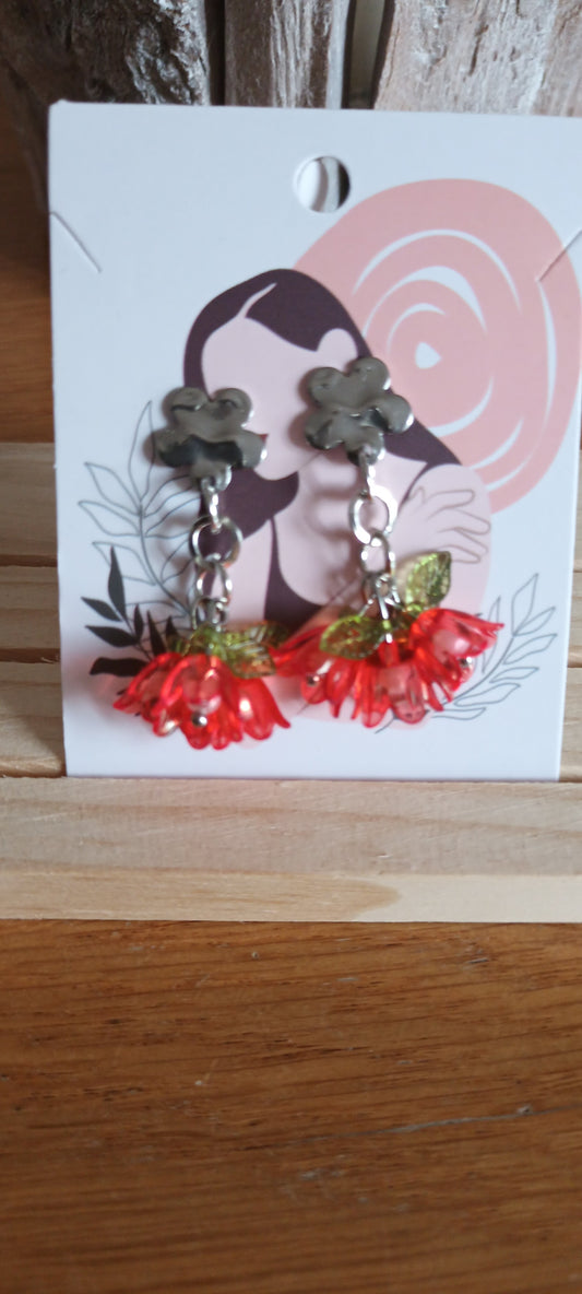 Boucles d'oreilles trois clochettes en verres rouge transparent