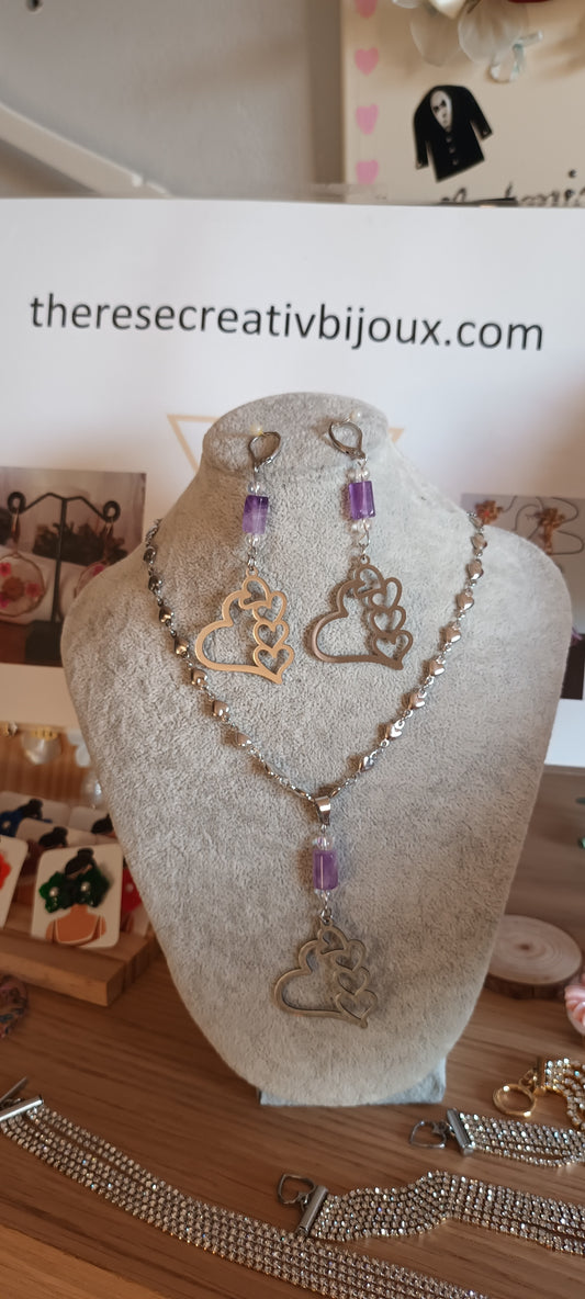 parure en pierres précieuses améthyste et cœur