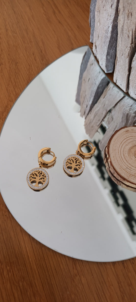 Boucles d'oreilles arbre de vie en acier inoxydable doré