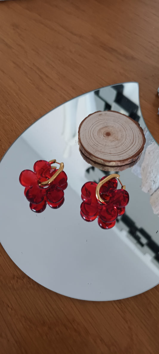 Boucles d'oreilles en résine encre à alcool coloré fleur rouge