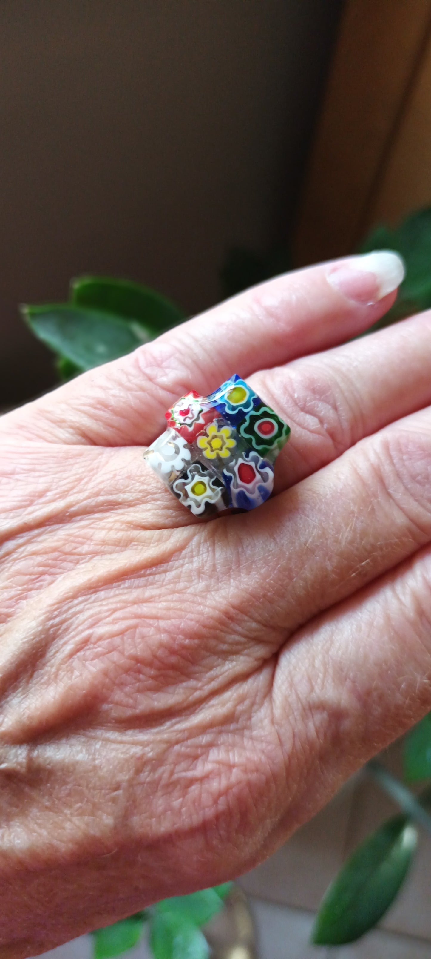 Bague verre souffle Murano carré de 1,5 x 1,5 hexagone