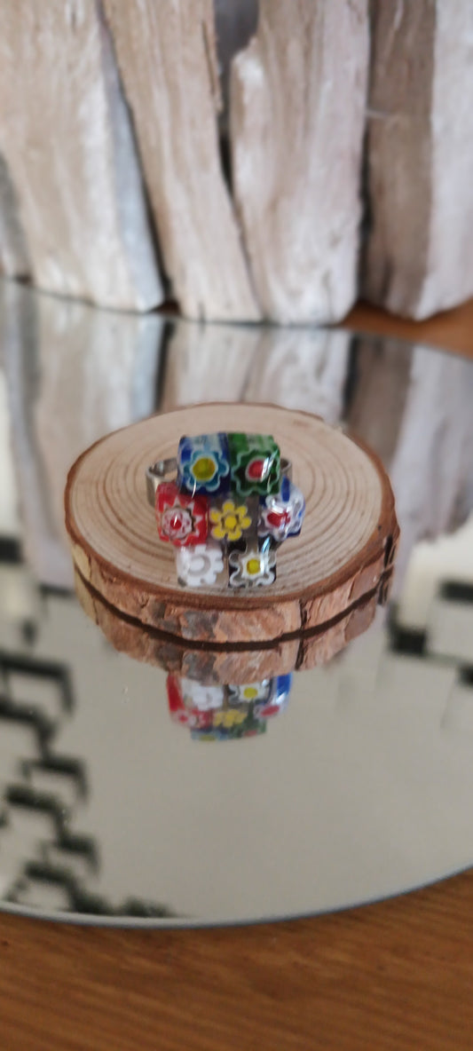 Bague verre souffle Murano carré de 1,5 x 1,5 hexagone