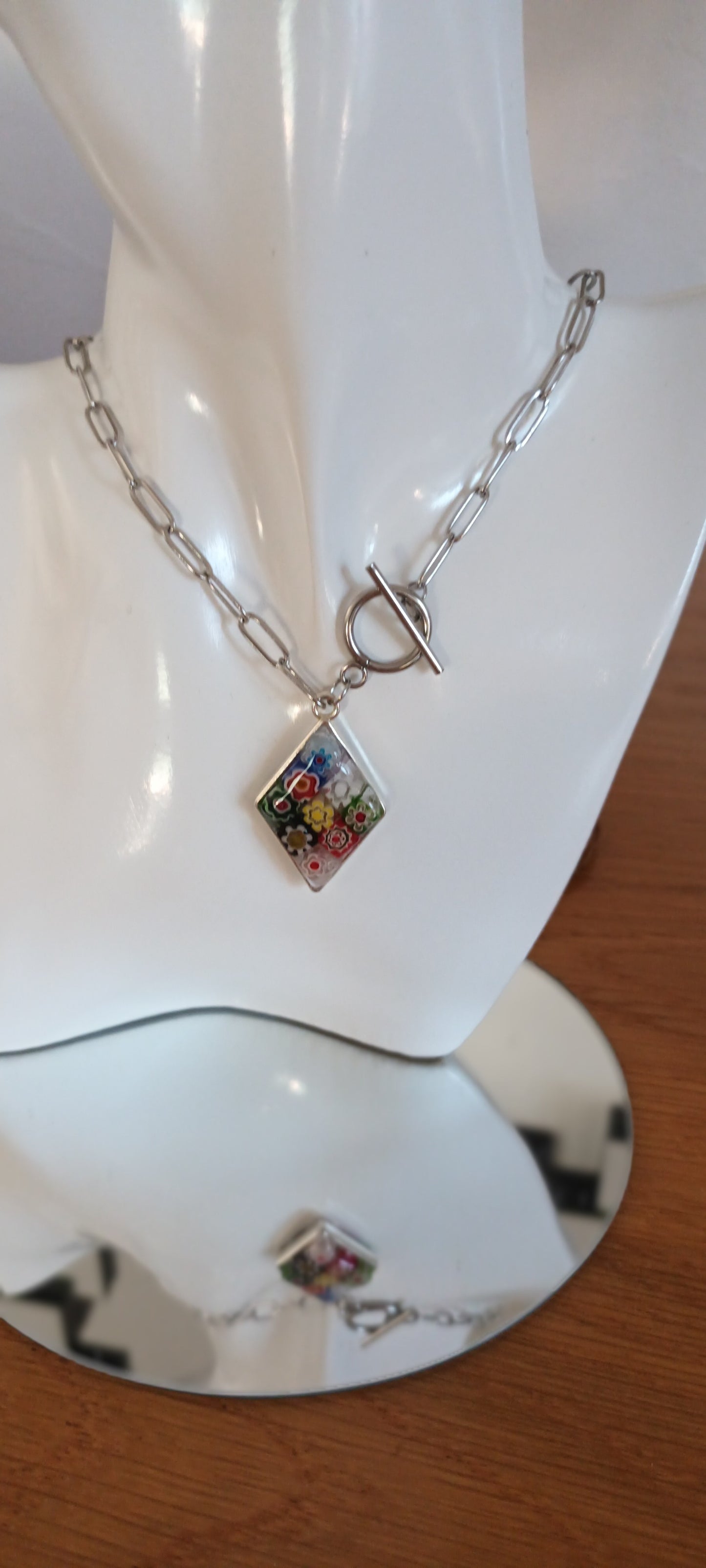 Collier pendentif losange verre Murano multicolore