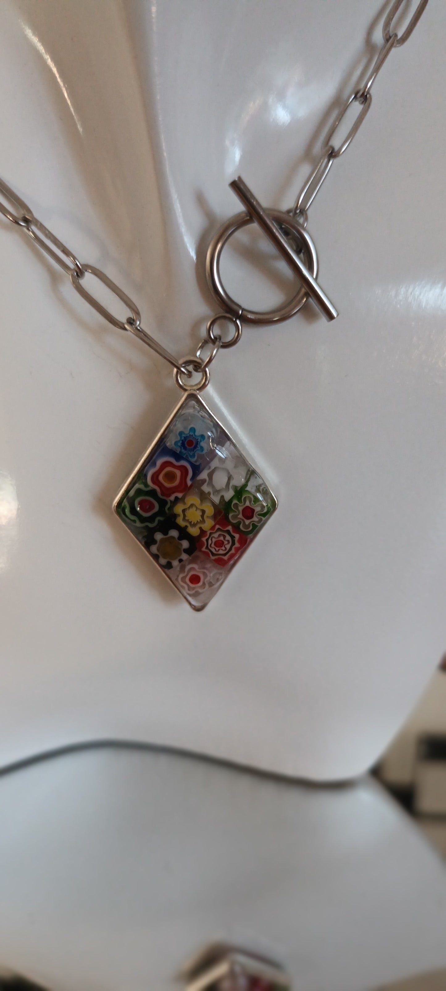 Collier pendentif losange verre Murano multicolore
