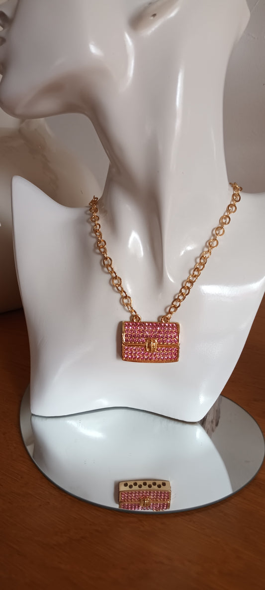 Collier pendentif mini sac élégant  avec strass rose