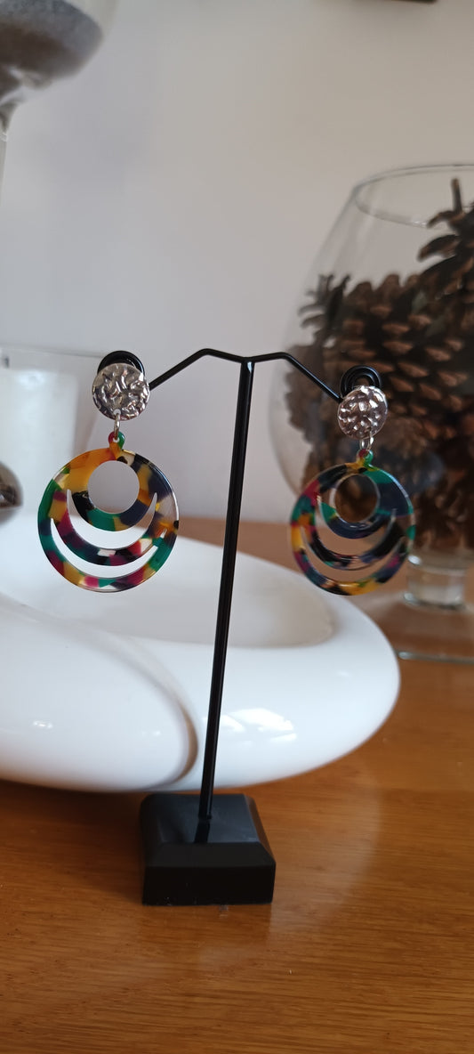 Boucles d'oreilles en acétate trois rangs vert orange bleu