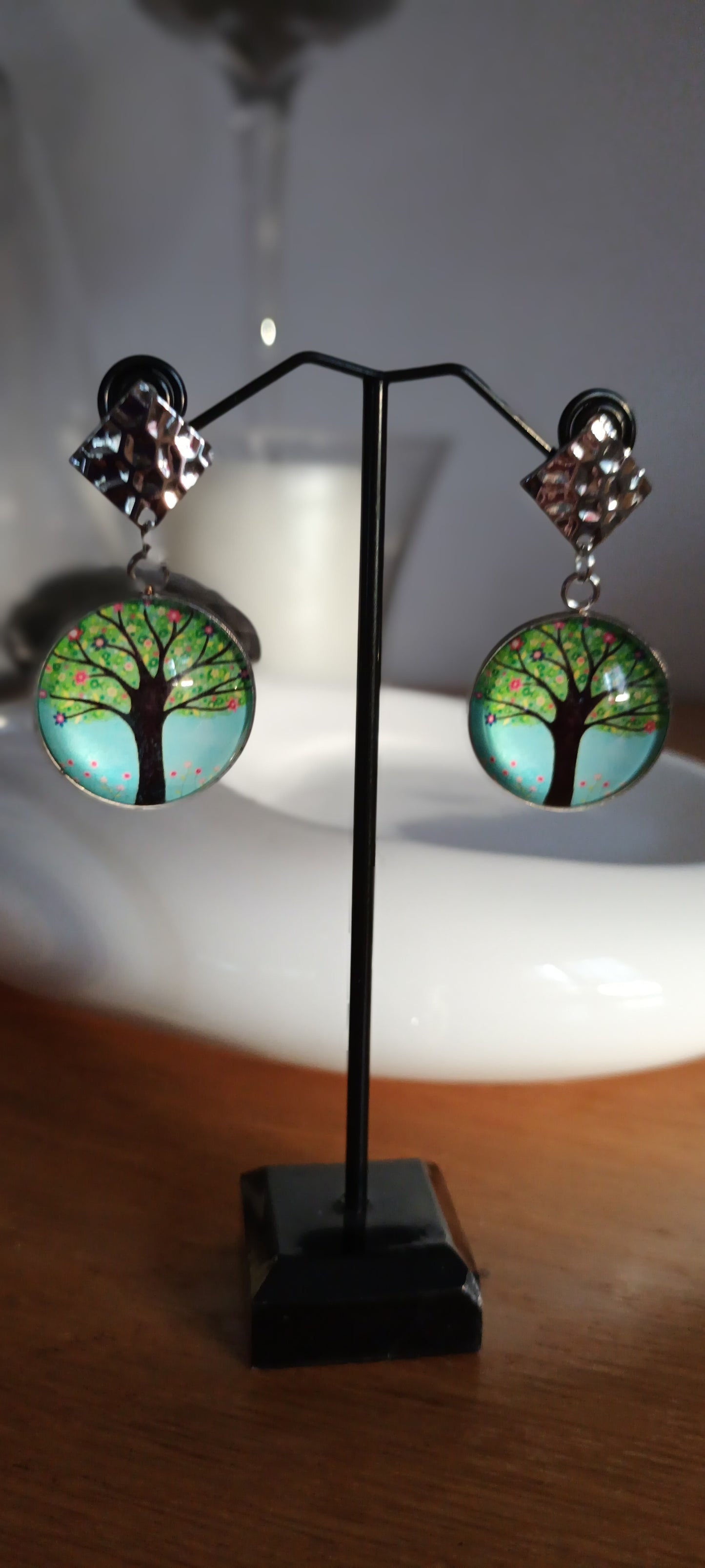 Boucles d'oreilles avec cabochon de verre , bleu vert arbre de vie