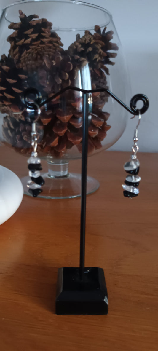 Boucles d'oreilles en pierre précieuse naturel obsidienne et cristal de roche