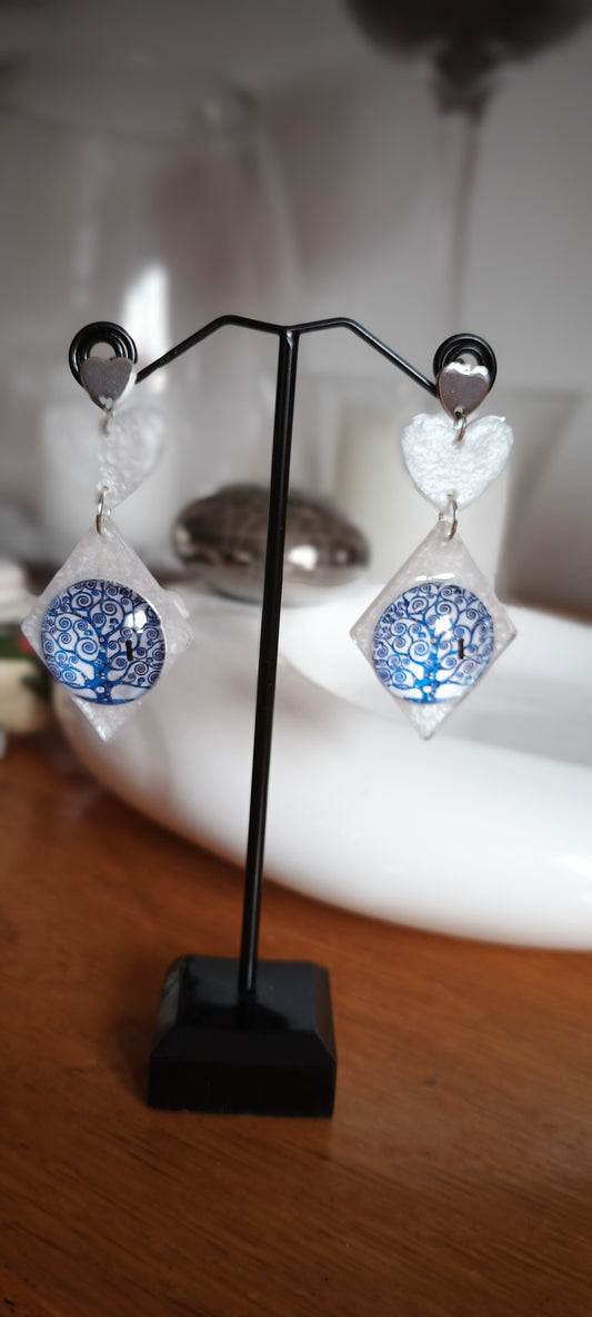 Boucles d'oreilles en résine ,bleu , blanc, cabochon de verre