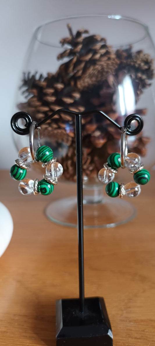 créoles Boucles d'oreilles, pierres précieuses ,  malachite et cristal de roche