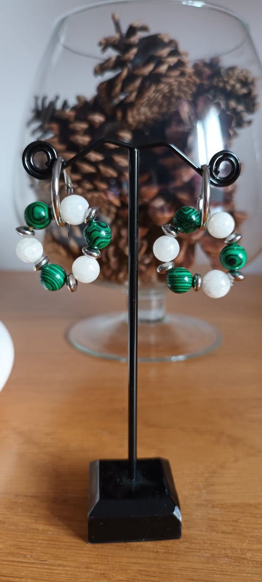 créoles Boucles d'oreilles, pierres précieuses , pierre de lune et malachite