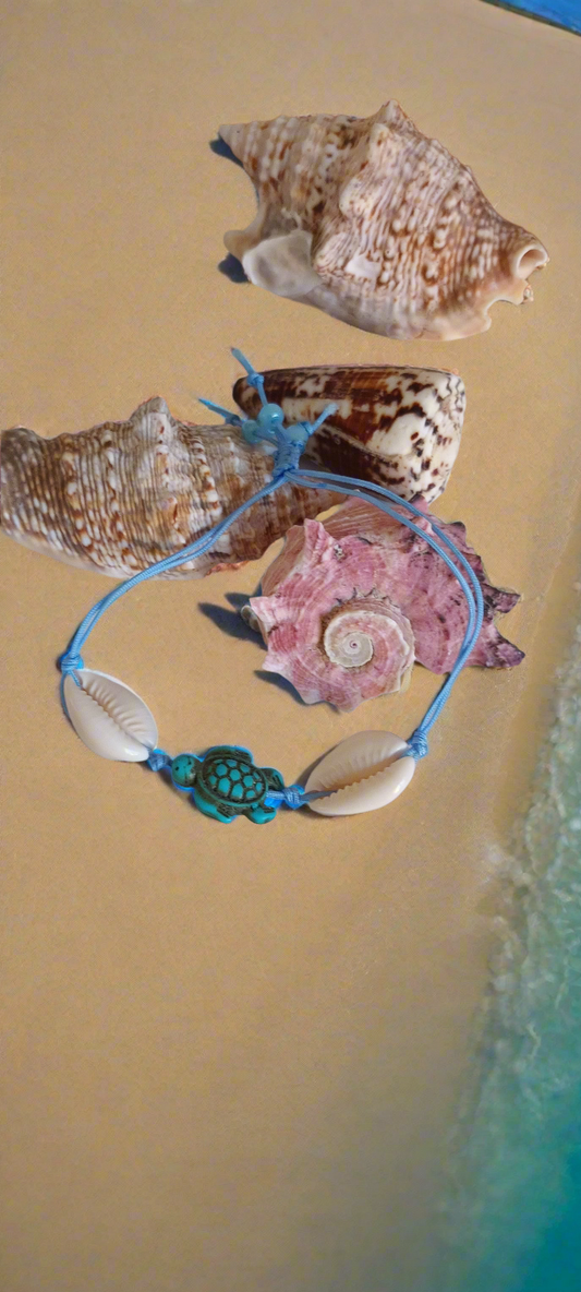 Bracelet en coquillages véritables, tortue en pierre de turquoise