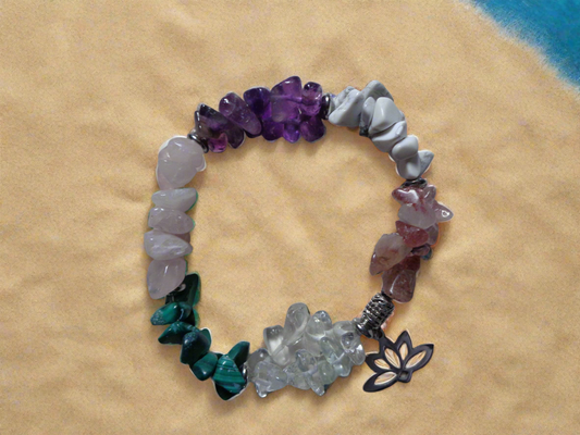Bracelet en pierre précieuse  naturel howlite, améthyste, cristal de roche, malachite, quartz rose, quartz cerise