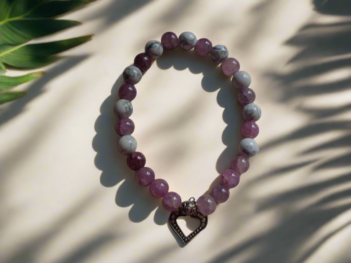 Bracelet en pierre précieuse  naturel de 8mm how lite et perles de verre craquelées