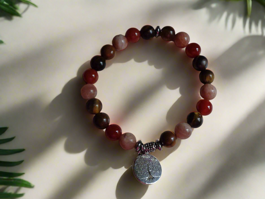 Bracelet en pierre précieuse  naturel  de 8mm  cornaline et pierre de soleil, œil de tigre