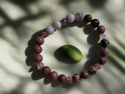 Bracelet en pierre précieuse  naturel  de 8mm  rhodonite et how lite